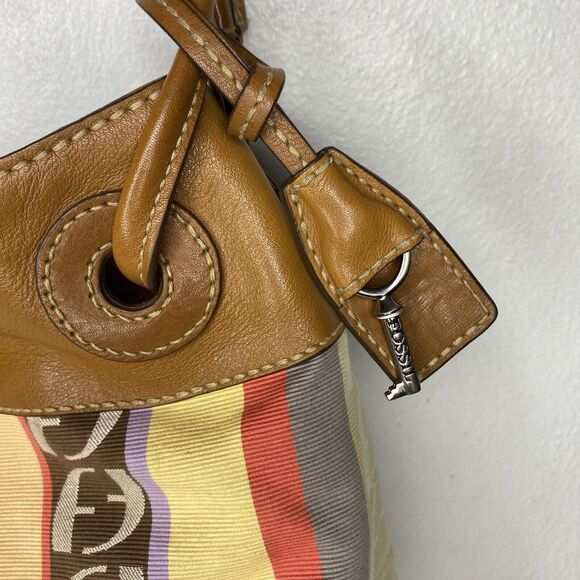 Fossil Logo Leather And Fabric Shoulder Tote Bag Purse Key‎ Multicolor Y2K - Picture 2 of 14